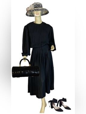 VINTAGE 1980'S MS. CHAUS BLACK PLEATED SECRETARY STYLE MIDI DRESS (16)